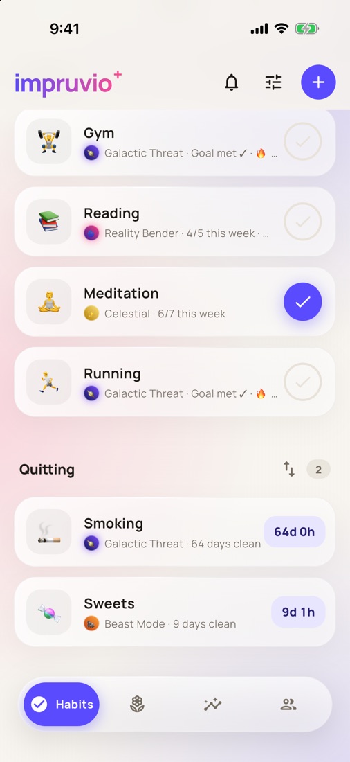 impruvio habits list with ranks and streaks