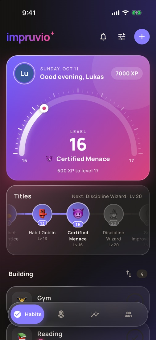 impruvio home screen with your level and titles