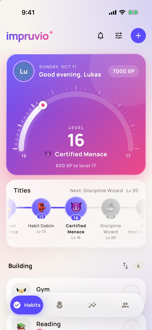 impruvio home screen with your level and titles